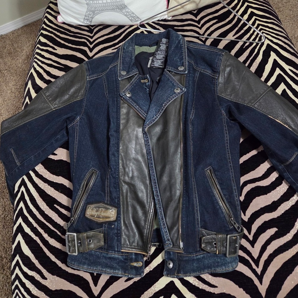 HARLEY DAVIDSON Vix Denim Leather Motorcycle Jacket Women's Biker Style